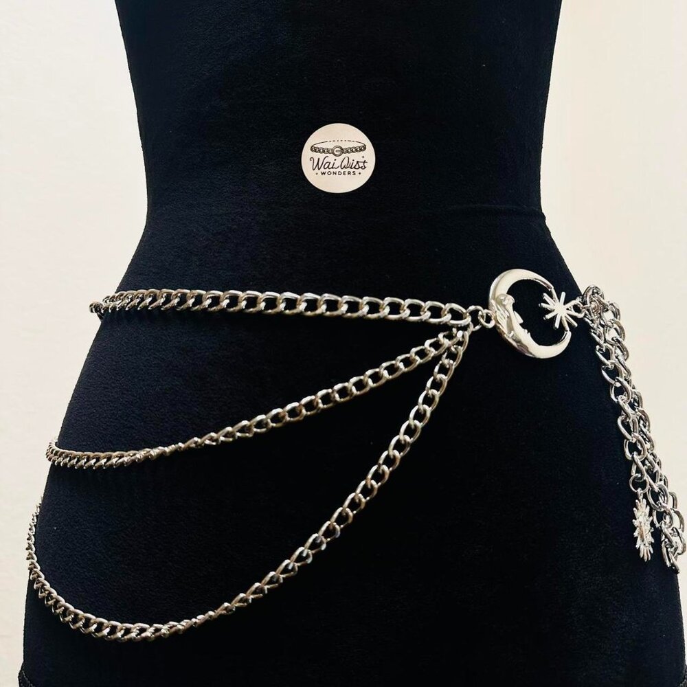 Silver Moon & Star Multi-Chain Waist Belt